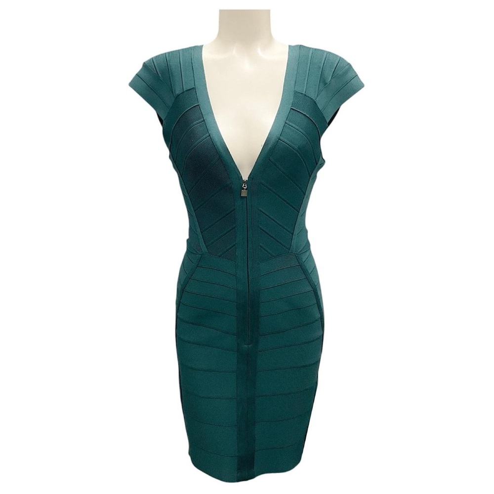Herve Leger Teal Green Bodycon Bandage Mini Dress Plunge Neck Sexy Night Out XS